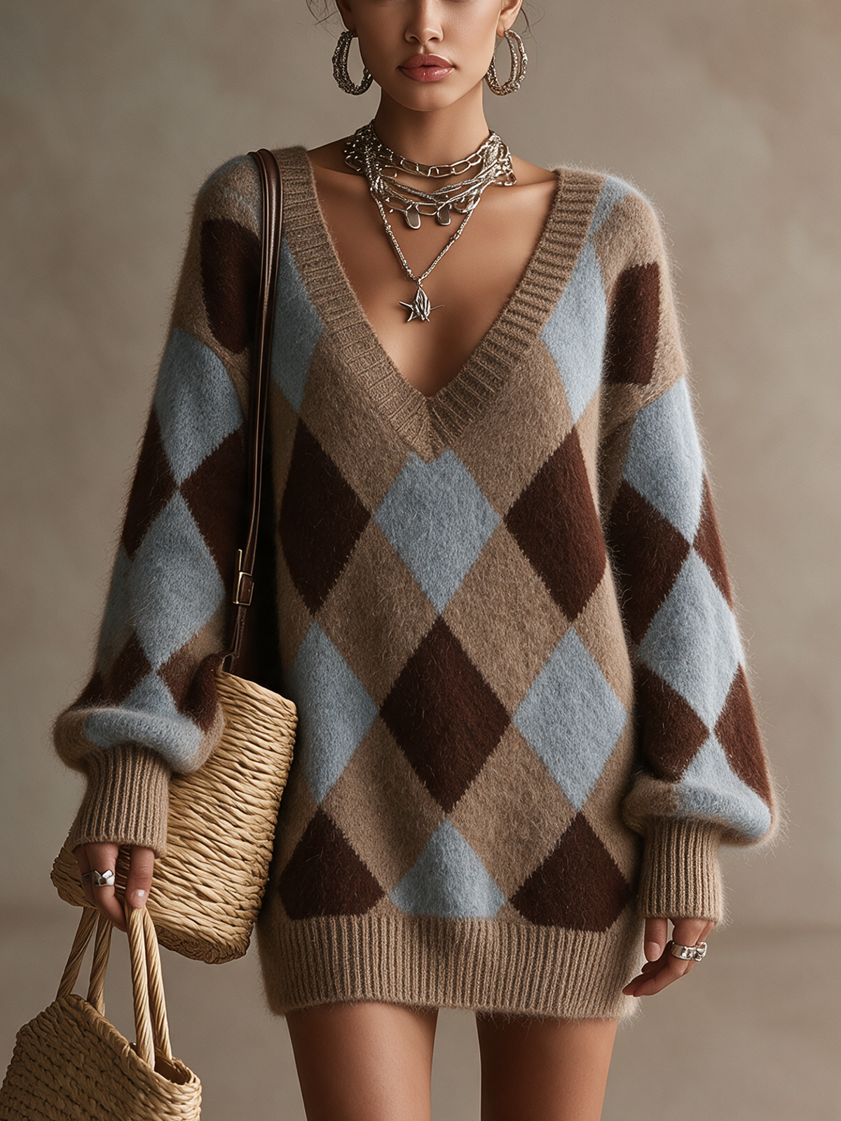 Multi‑Tone Argyle V‑Neck Oversized Knit Mini Dress