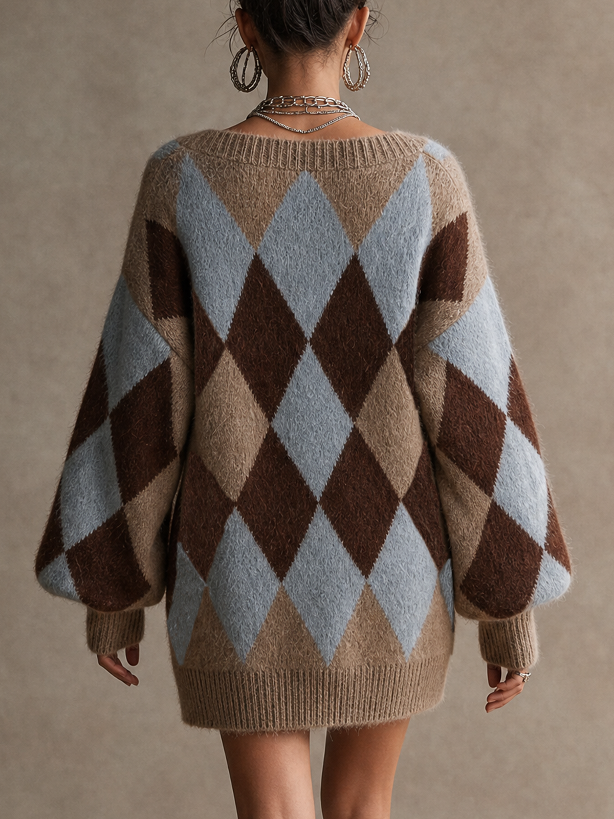 Multi‑Tone Argyle V‑Neck Oversized Knit Mini Dress