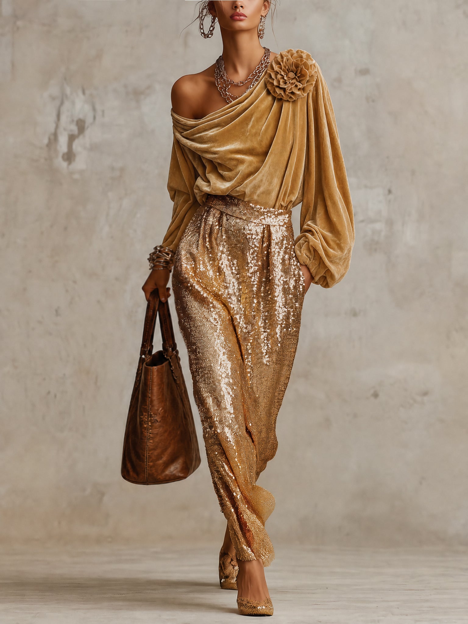 Vintage Gold Velvet Off Shoulder Top And Sequin Midi Skirt Set