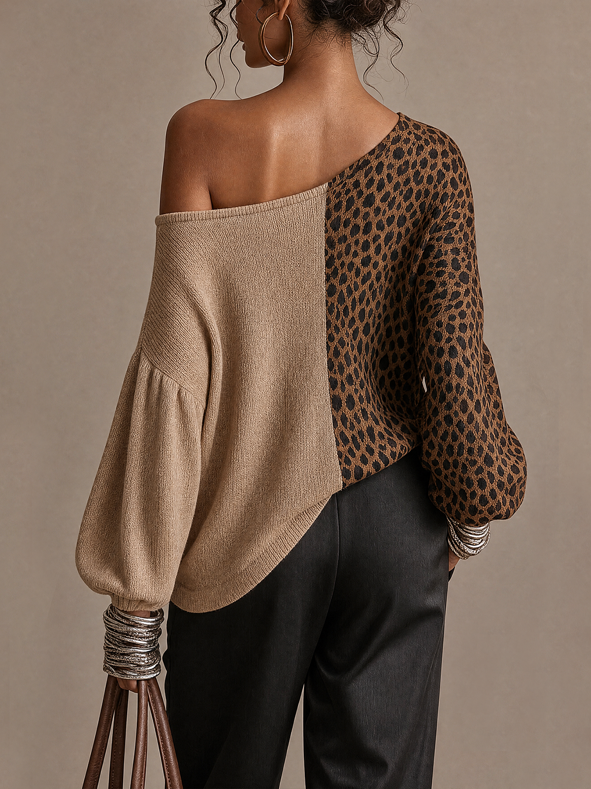 Leopard Color‑Block Off‑Shoulder Balloon Sleeve Knit Top