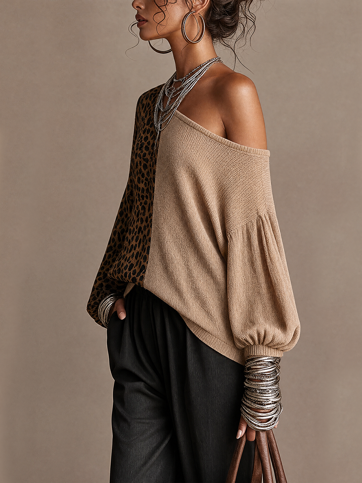 Leopard Color‑Block Off‑Shoulder Balloon Sleeve Knit Top