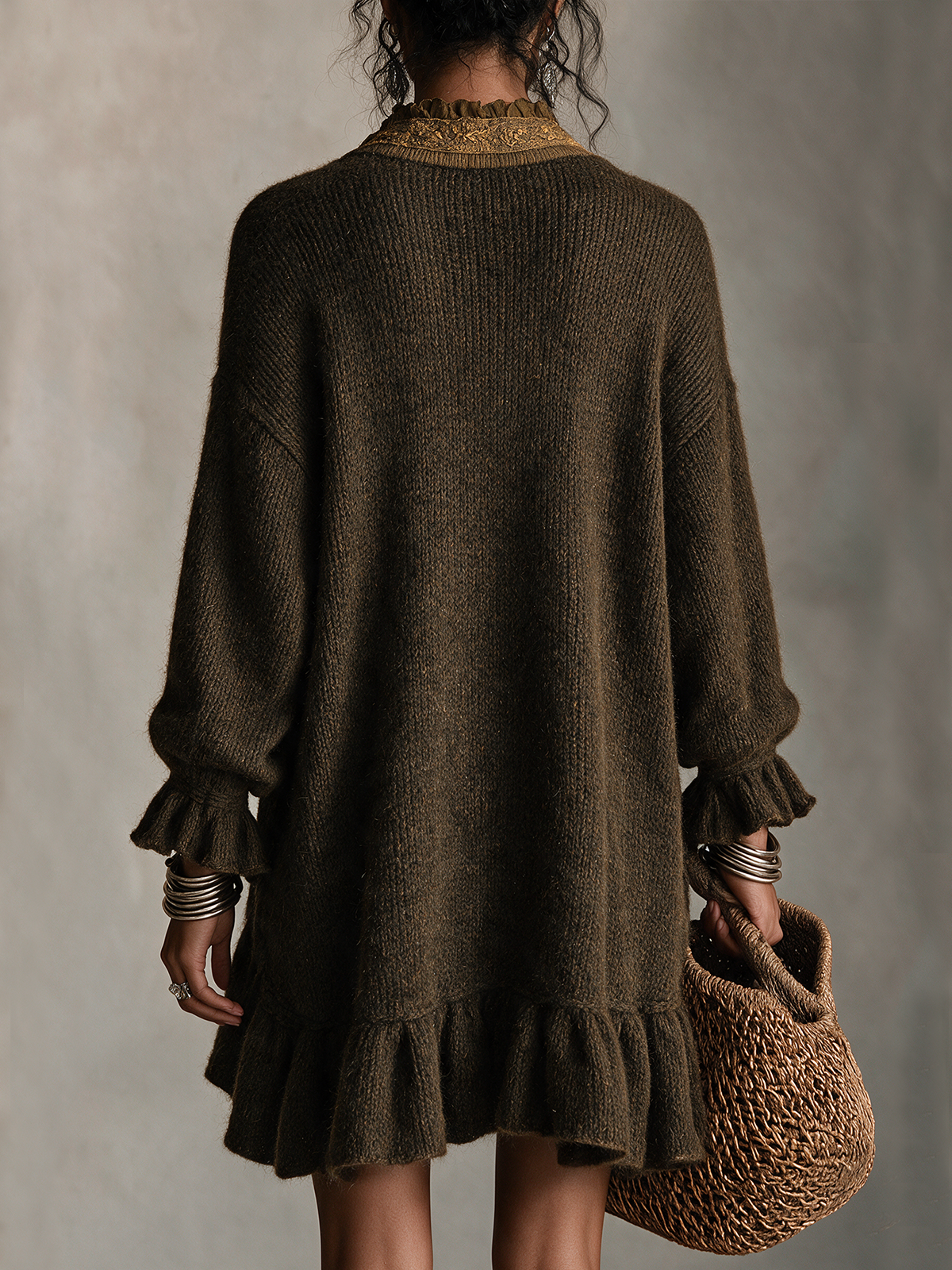 Olive Green Embroidered V‑Neck Ruffle Knit Mini Dress