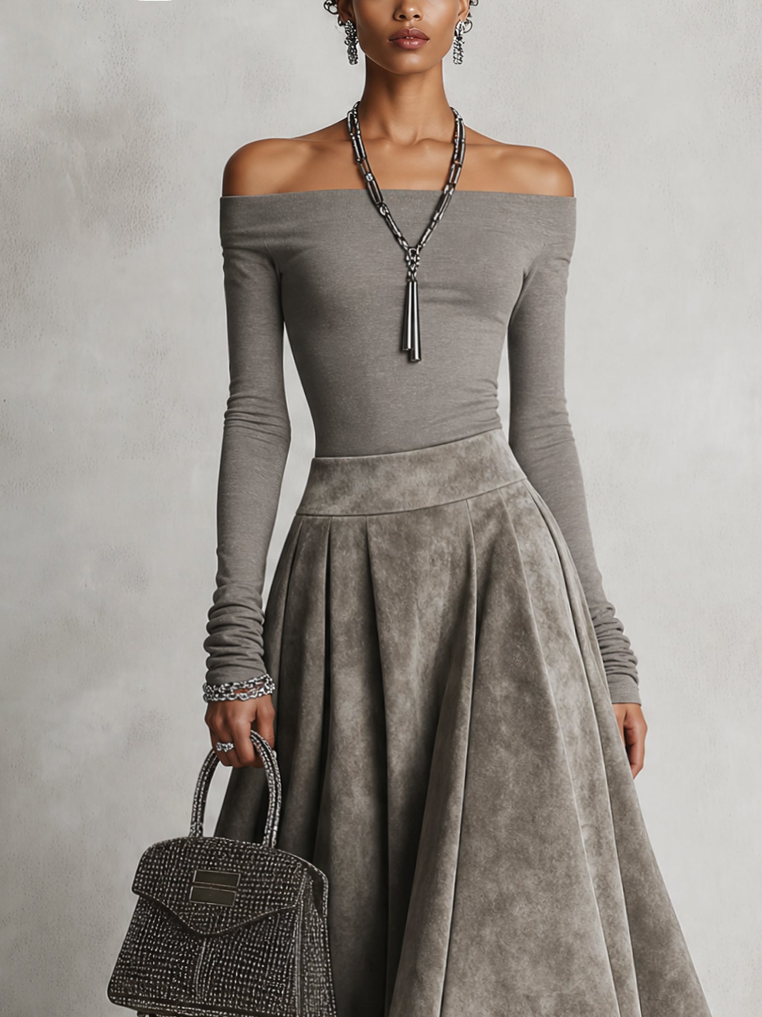Gray Off Shoulder Suede Patchwork Midi Skirt Set