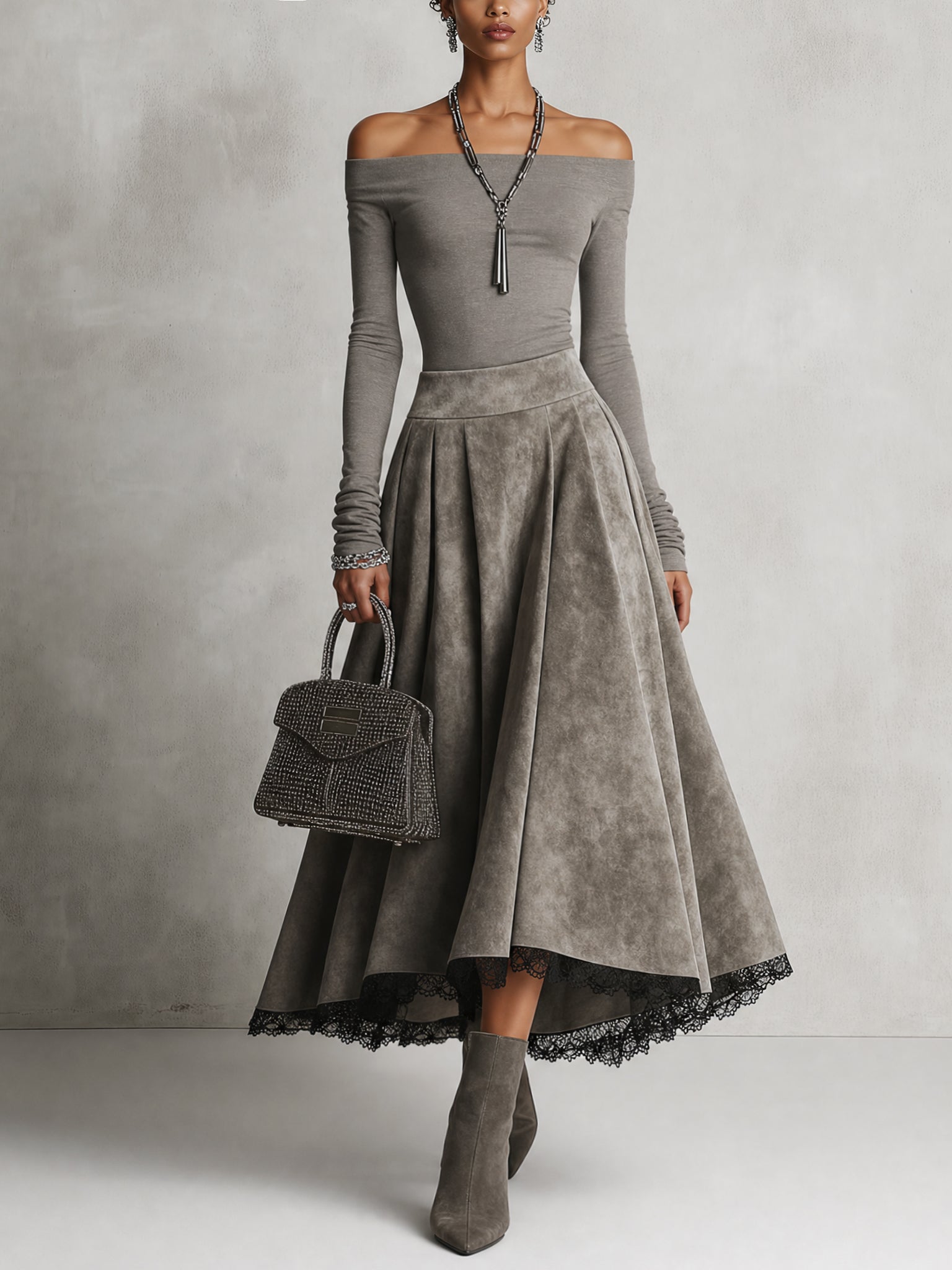 Gray Off Shoulder Suede Patchwork Midi Skirt Set