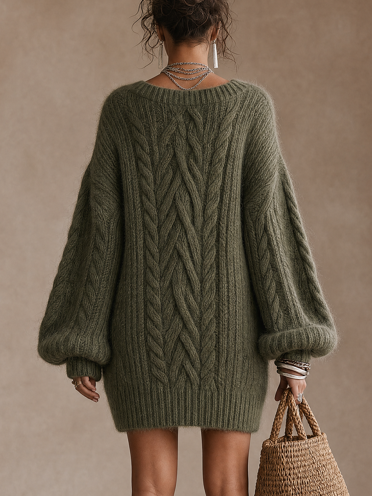 Olive Green Cable‑Knit V‑Neck Oversized Knit Mini Dress