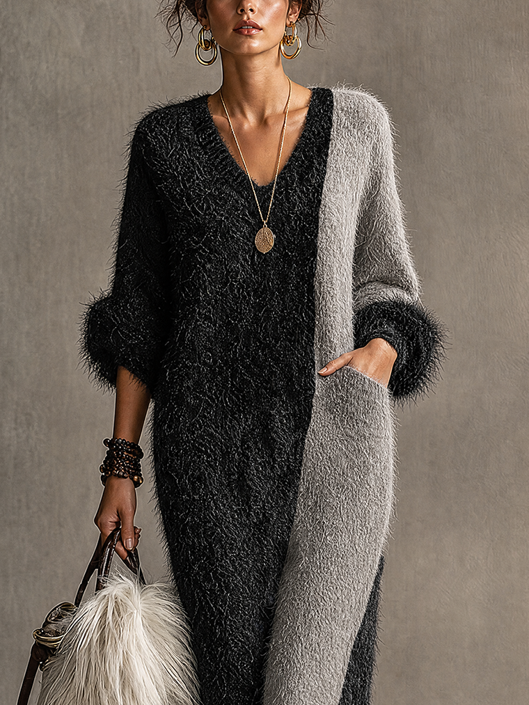 Black And Gray Fuzzy Colorblock  Knit Maxi Dress