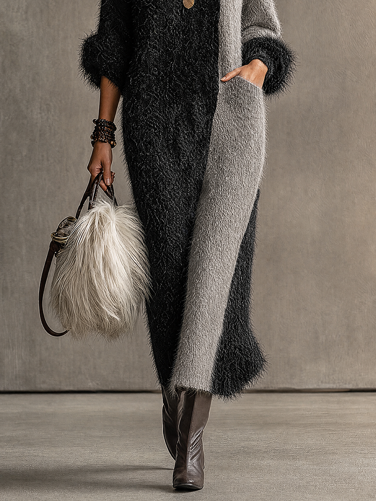 Black And Gray Fuzzy Colorblock  Knit Maxi Dress