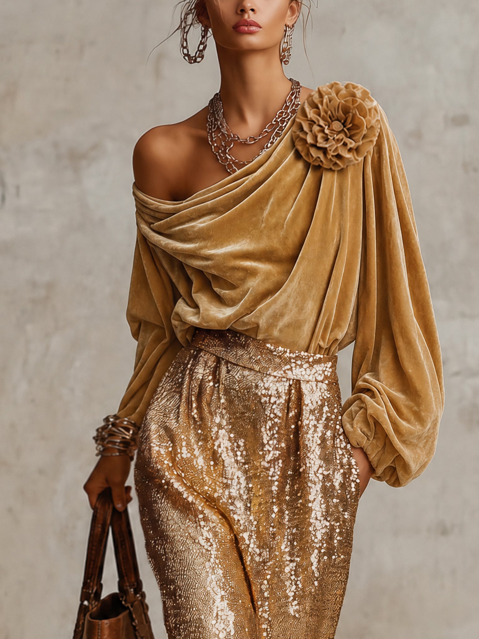 Vintage Gold Velvet Off Shoulder Top And Sequin Midi Skirt Set