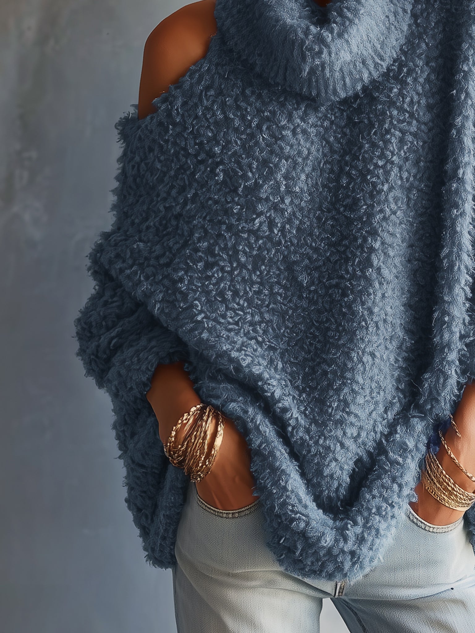 Blue Off Shoulder Oversized Knit Sweater
