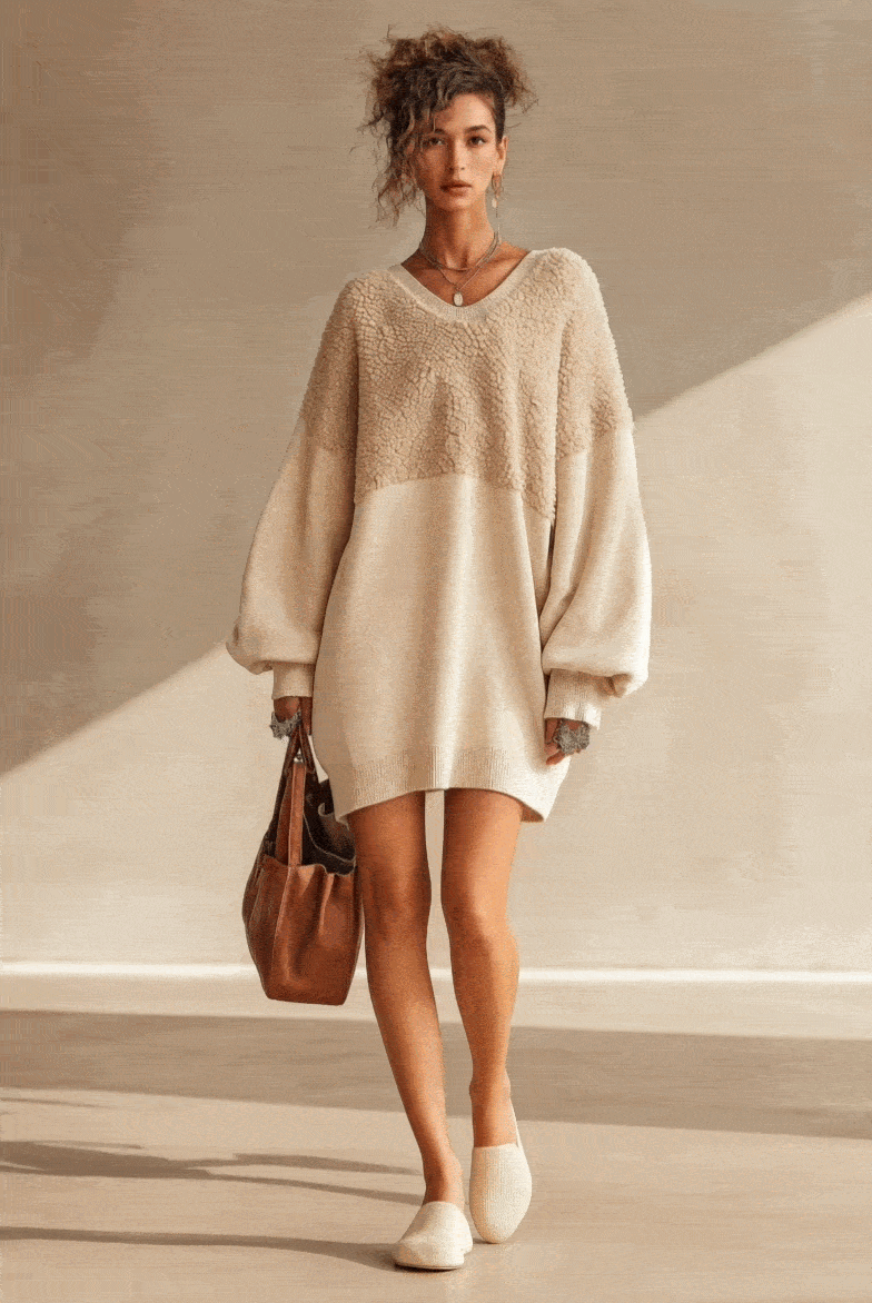 Beige Fleece Spliced Sweatshirt Fabric V‑Neck Oversized Mini Dress