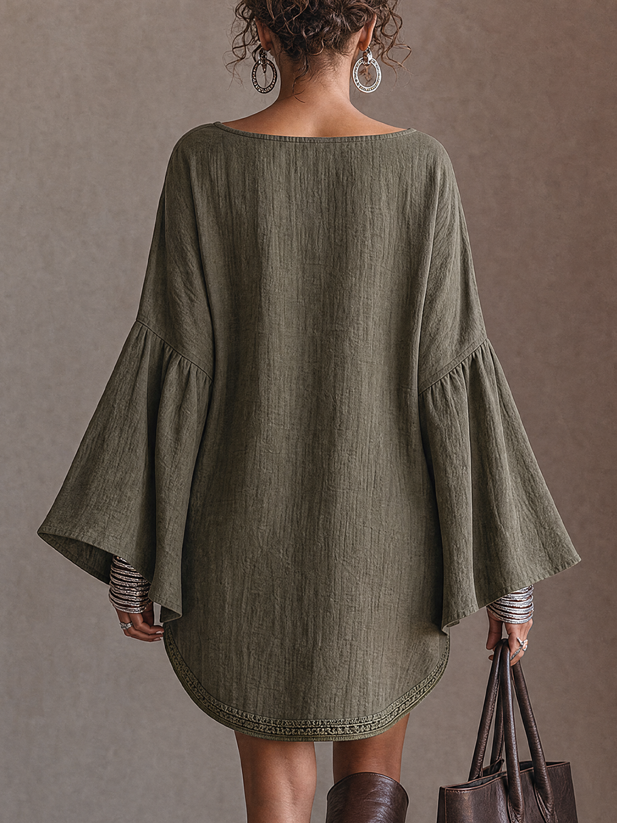 Olive Green Linen Blend Bell‑Sleeve Crochet Trim Tunic Mini Dress