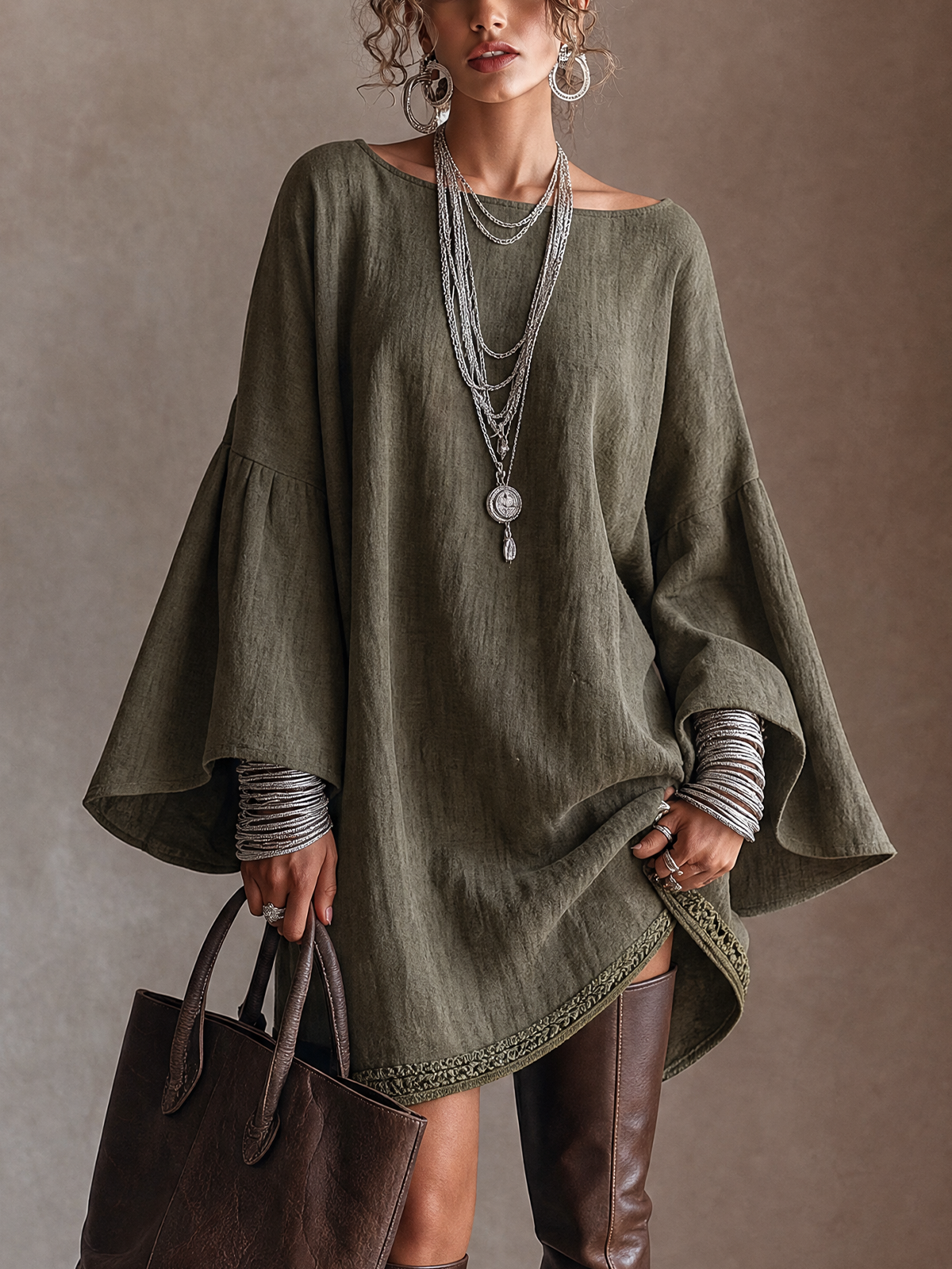 Olive Green Linen Blend Bell‑Sleeve Crochet Trim Tunic Mini Dress