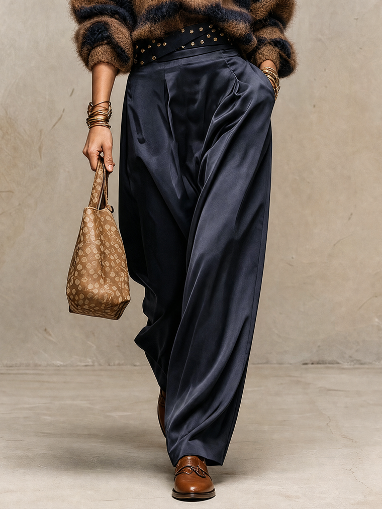 Mocha And Midnight Navy Fuzzy Stripe Sweater And Satin Wide-Leg Trouser Set