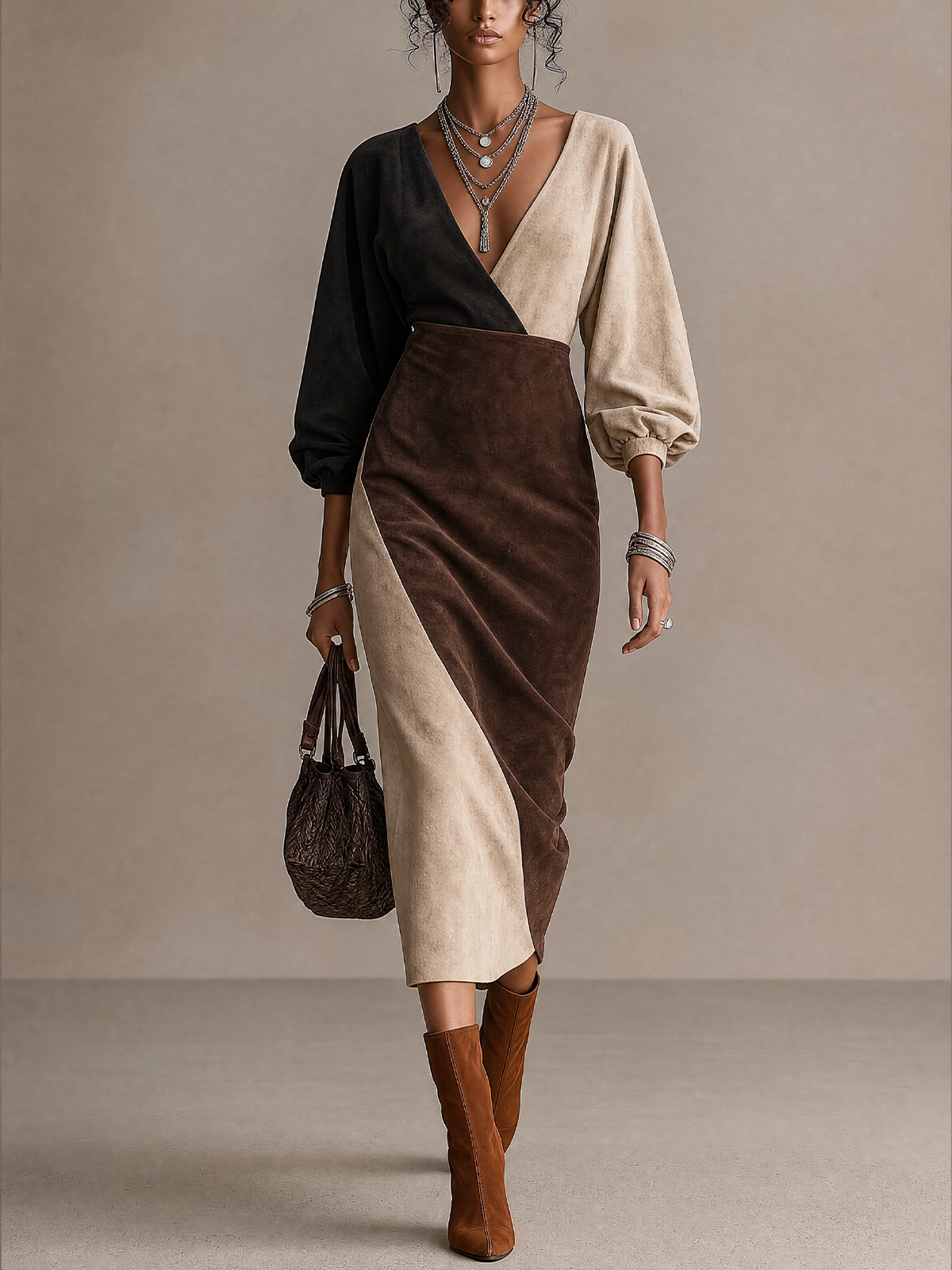 Color‑Block Faux Suede Deep V‑Neck Balloon Sleeve Midi Dress