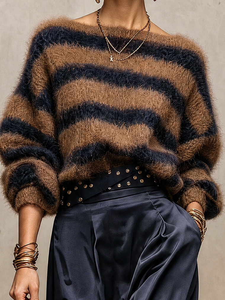 Mocha And Midnight Navy Fuzzy Striped Boat-Neck Sweater