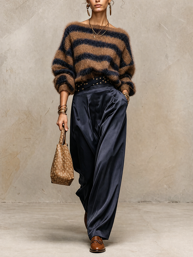 Midnight Navy Satin Wide-Leg Trousers