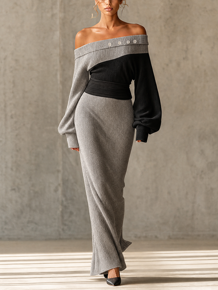 Gray And Black Off-Shoulder Colorblock Ribbed Knit Maxi Dress