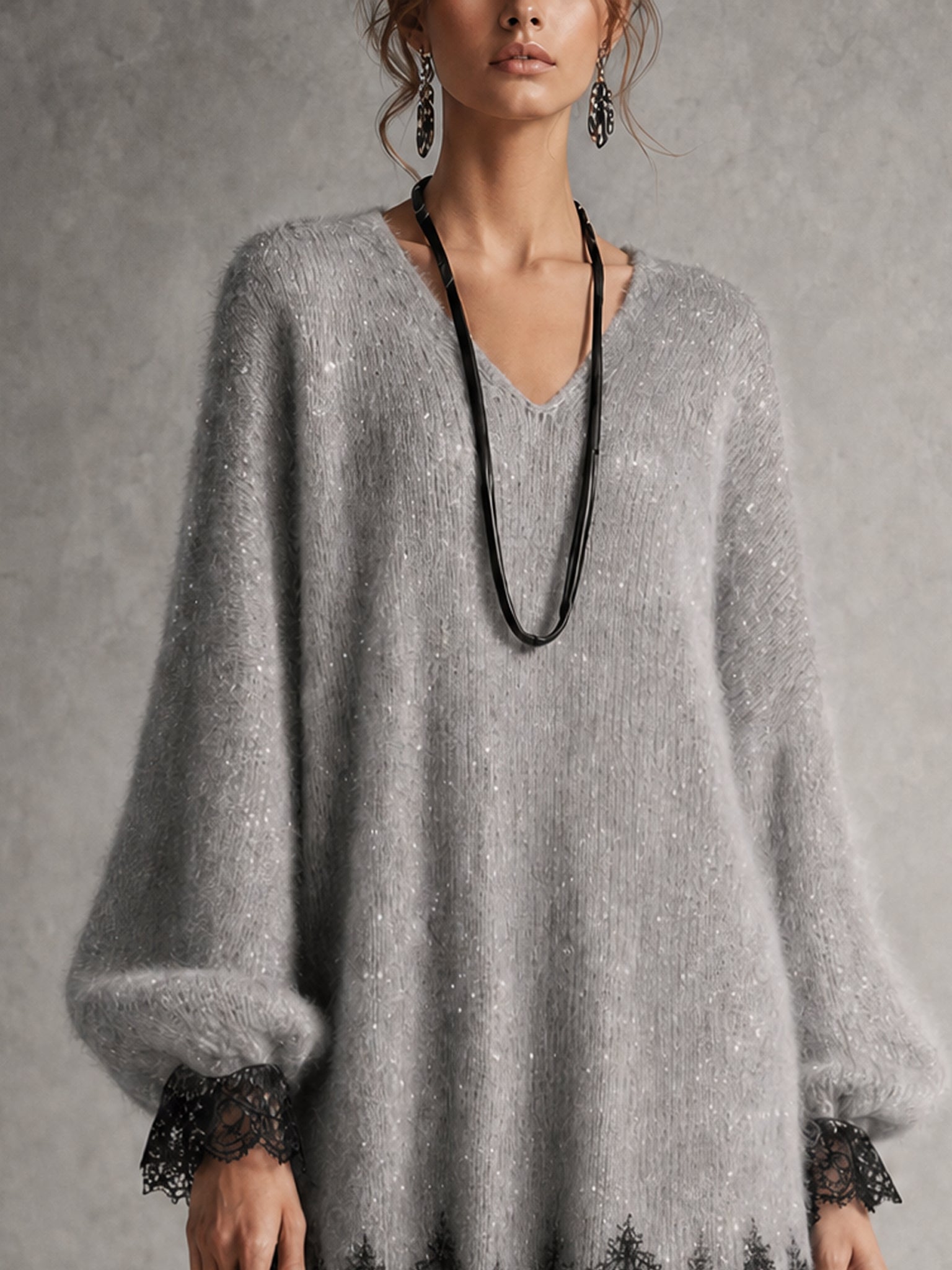 Gray Sequin Knit Lace Trim Mini Dress