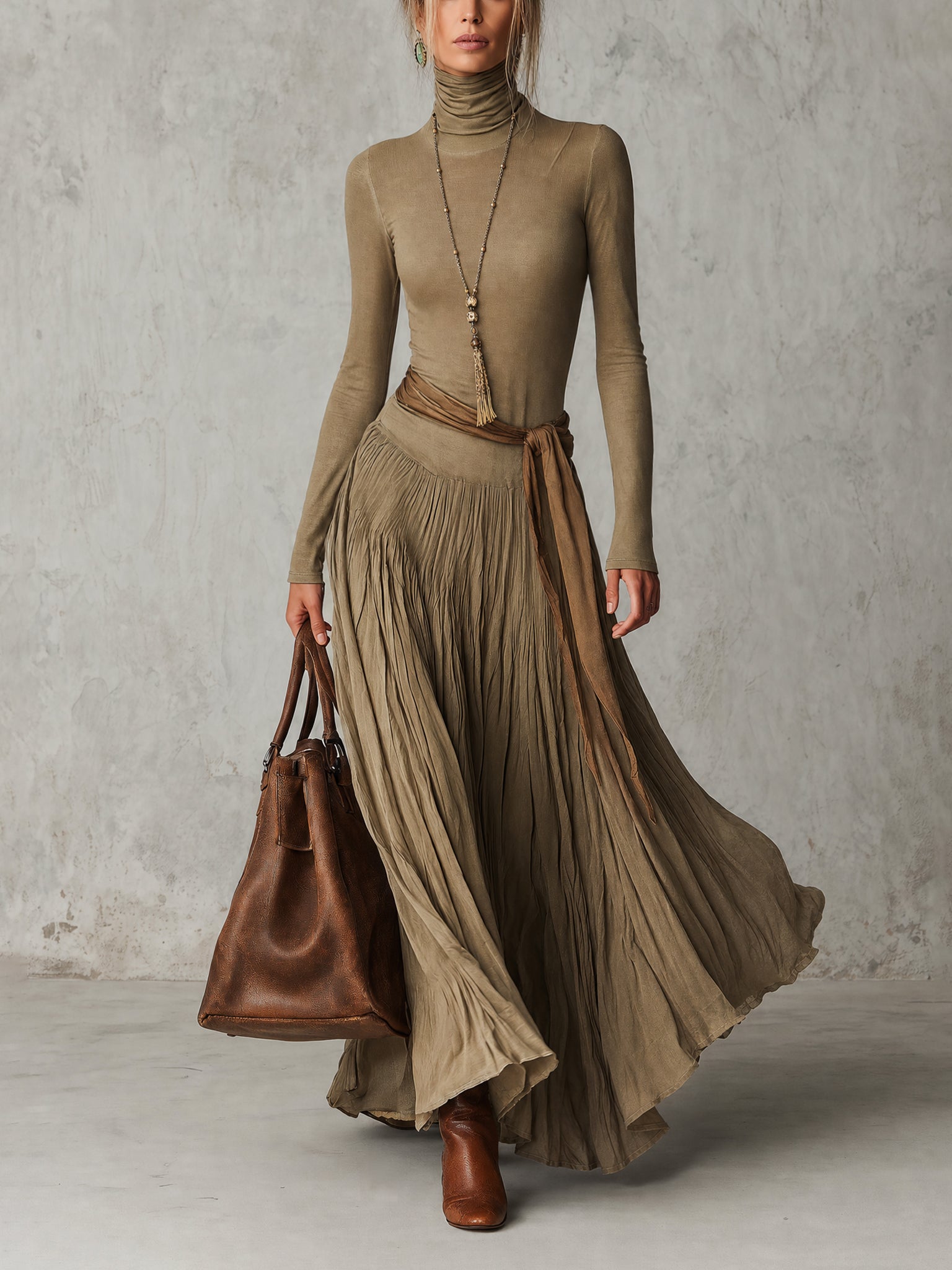 Green Stretch Jersey And Linen Maxi Dress
