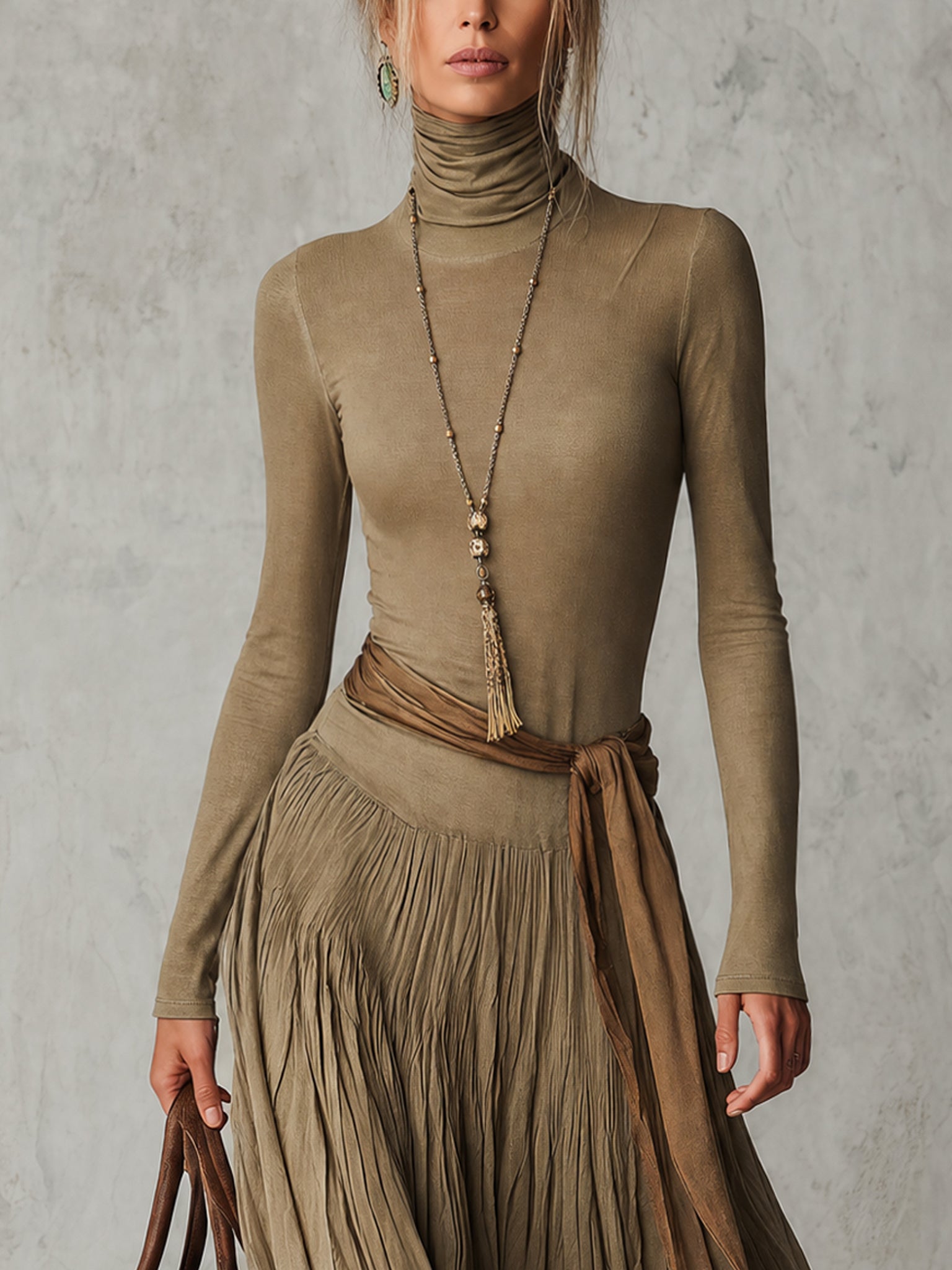 Green Stretch Jersey And Linen Maxi Dress