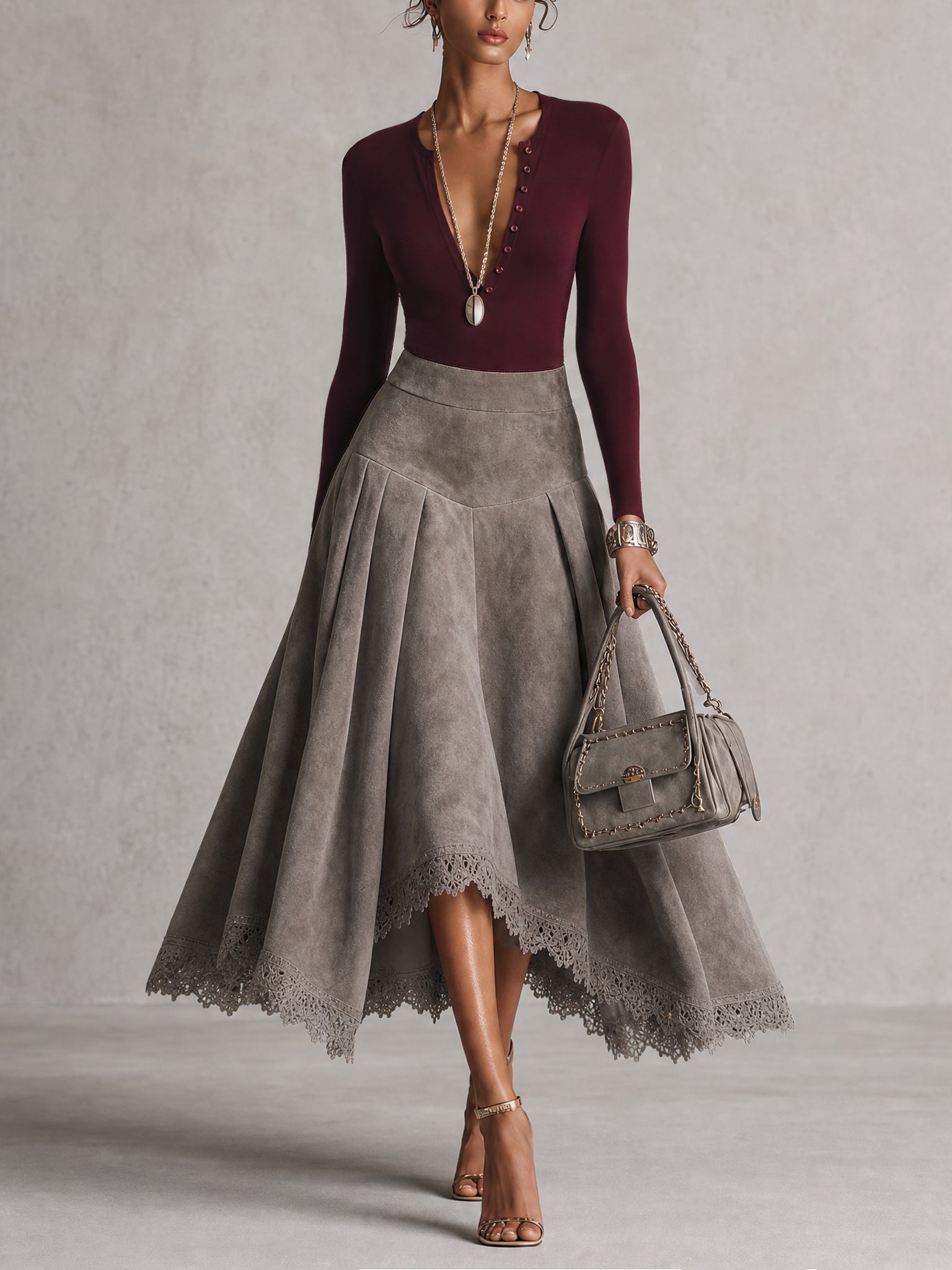 Burgundy Button Front Top And Suede Midi Skirt Set