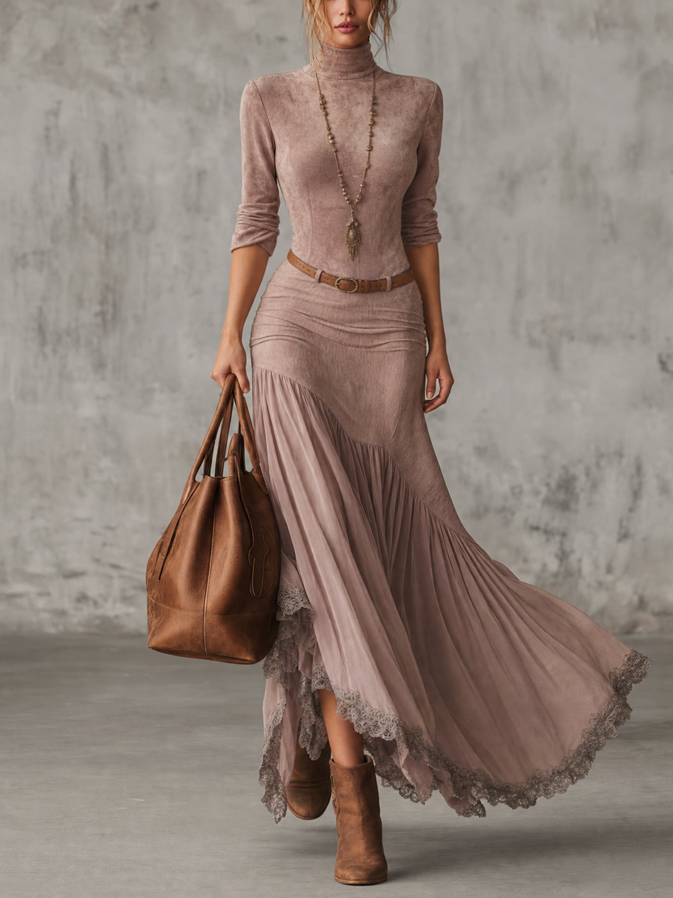 Blush Suede And Chiffon Lace Maxi Dress