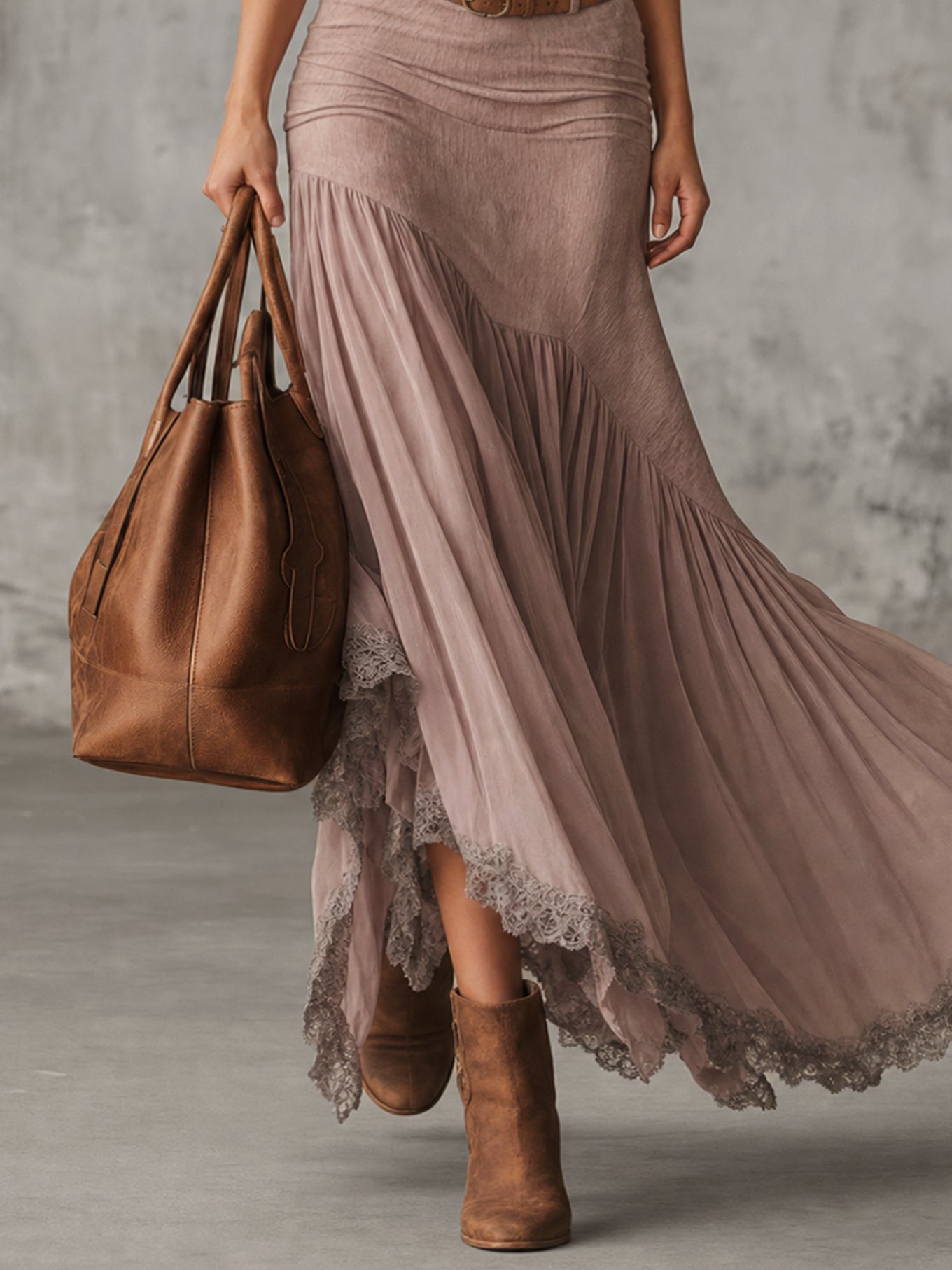 Blush Suede And Chiffon Lace Maxi Dress