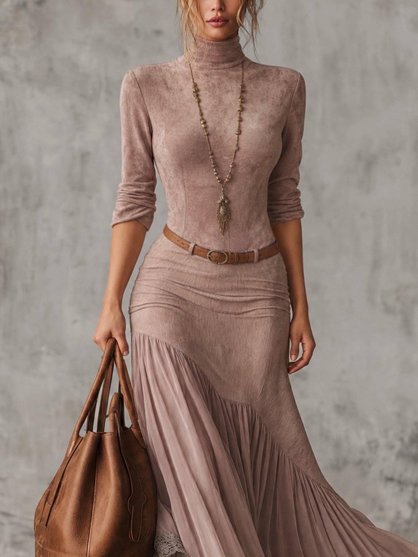 Blush Suede And Chiffon Lace Maxi Dress