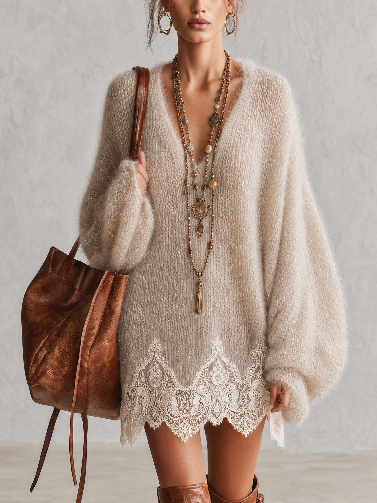 Beige Shimmer Mohair Lace Trim Oversized Mini Dress