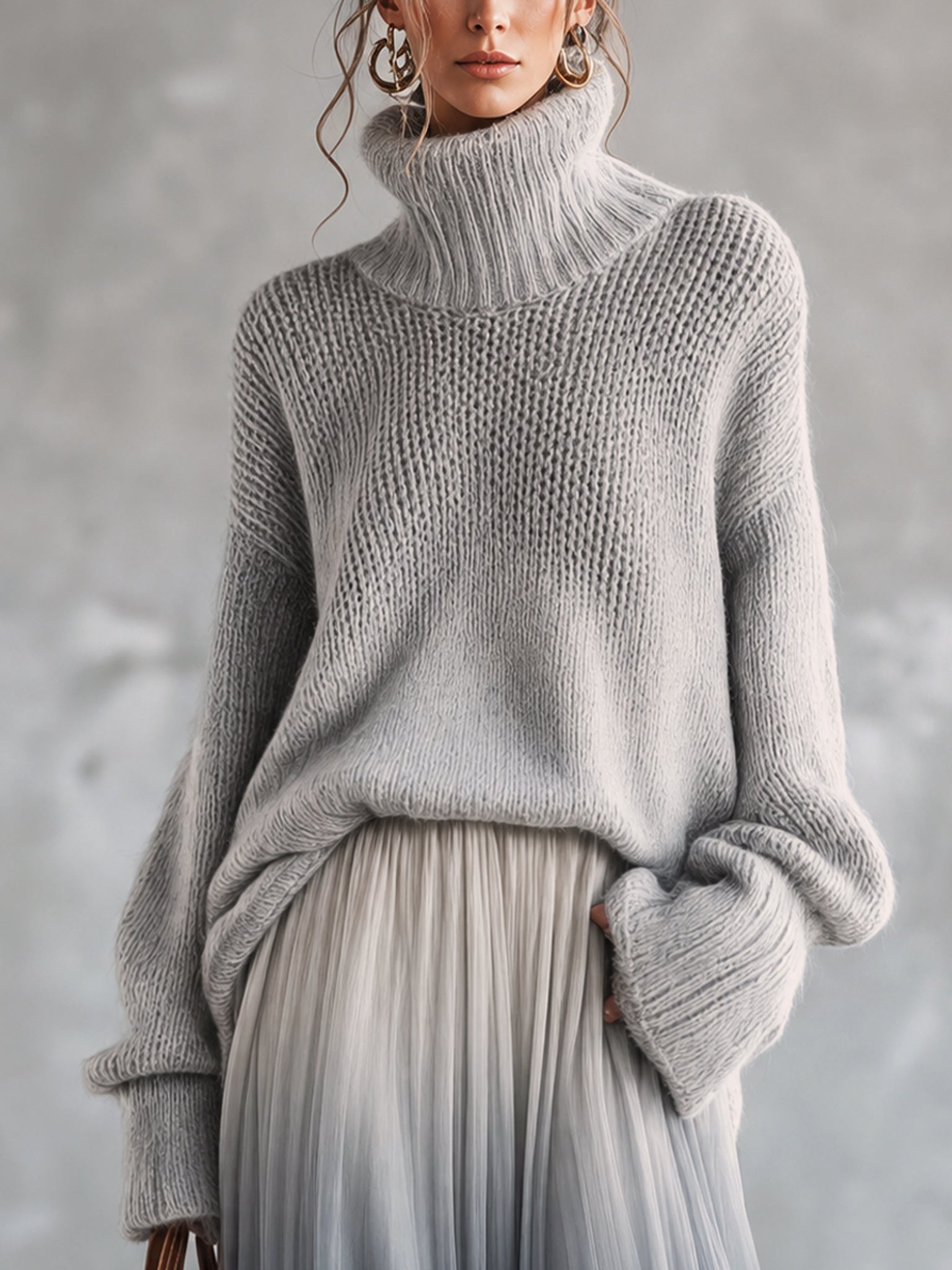 Gray Turtleneck Oversized Mohair Sweater