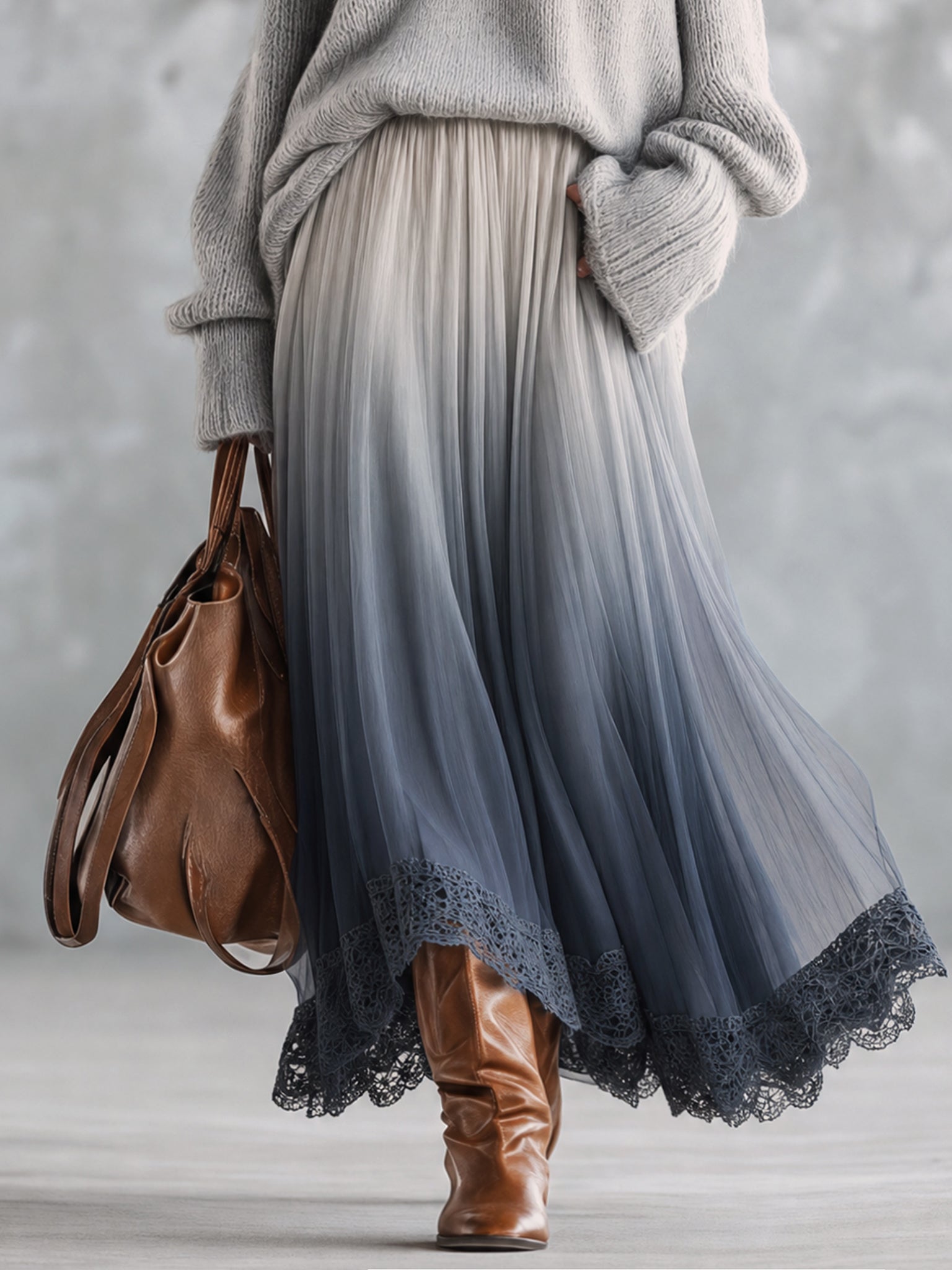 Gray Ombre Chiffon Lace Trim Midi Skirt