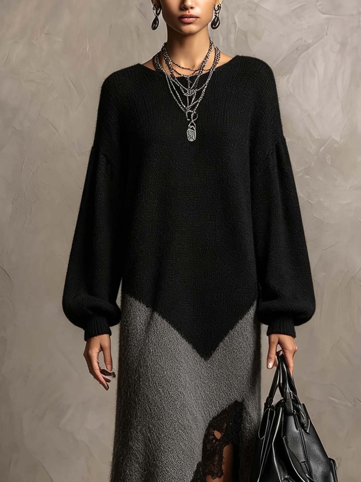 Black And Gray Fuzzy Knit Maxi Dress With Lace Patchwork Hem