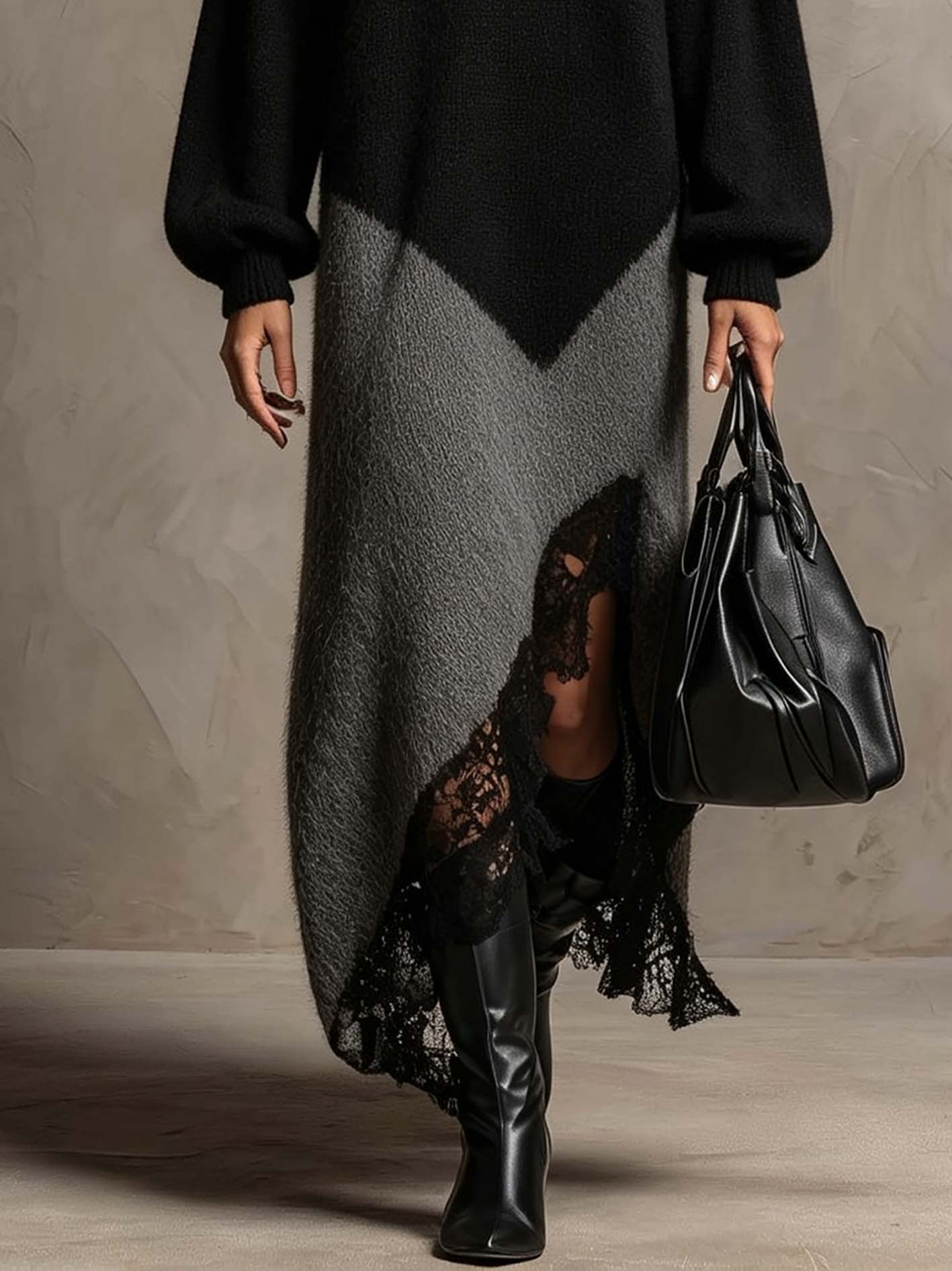 Black And Gray Fuzzy Knit Maxi Dress With Lace Patchwork Hem