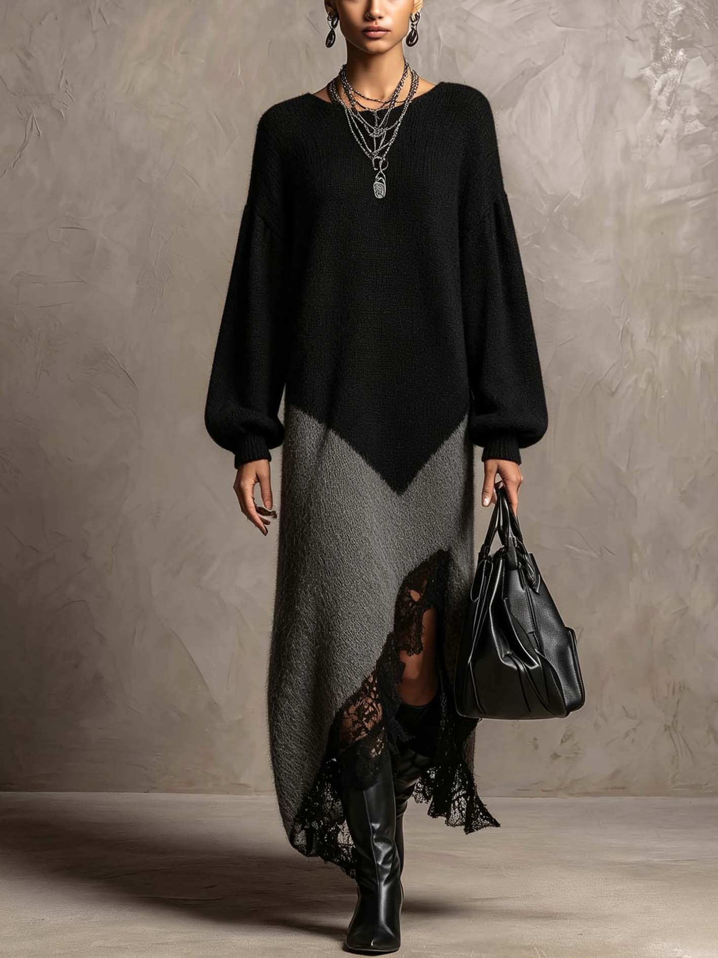 Black And Gray Fuzzy Knit Maxi Dress With Lace Patchwork Hem