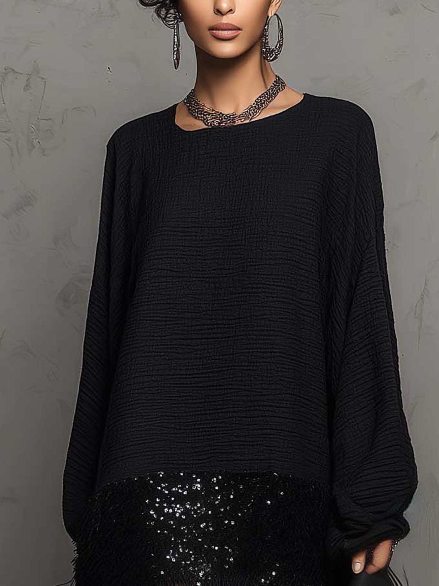 Black Linen Blend Sequin Mini Dress With Shimmer Trim And Fringe Hem