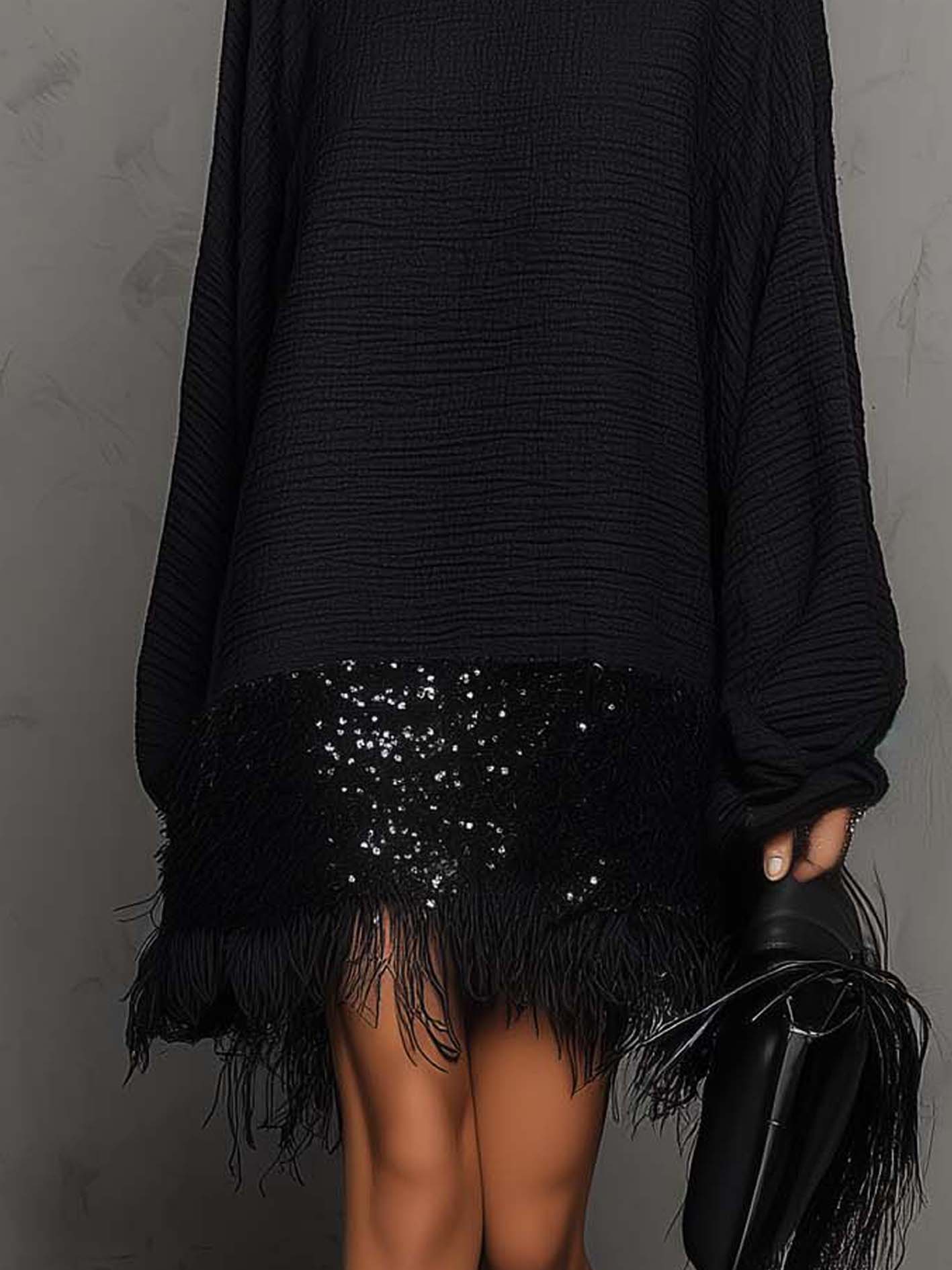 Black Linen Blend Sequin Mini Dress With Shimmer Trim And Fringe Hem