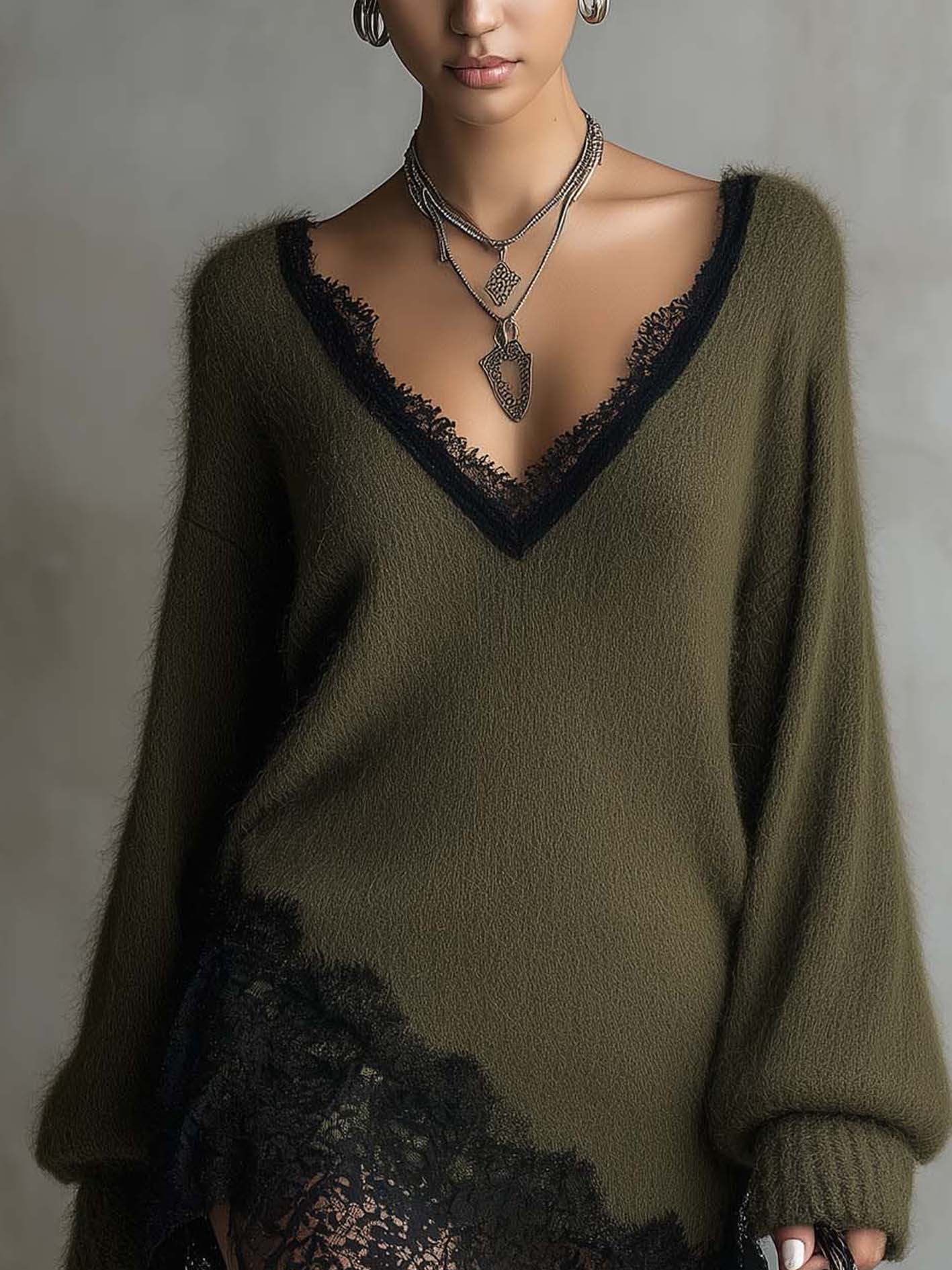 Olive Green Fuzzy Knit Mini Dress With Lace Trim And Deep V-Neck