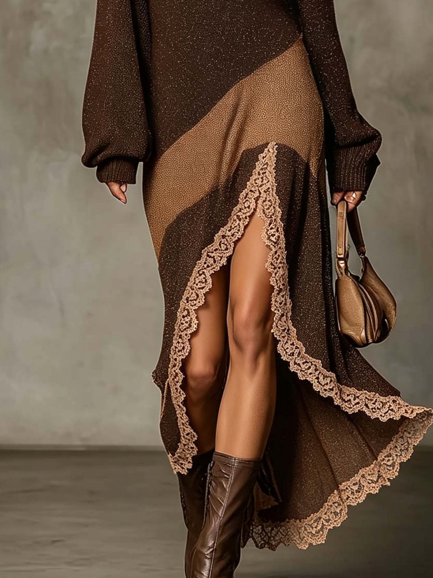 Deep Brown Shimmer Knit Maxi Dress With Contrast Lace Trim And High Slit