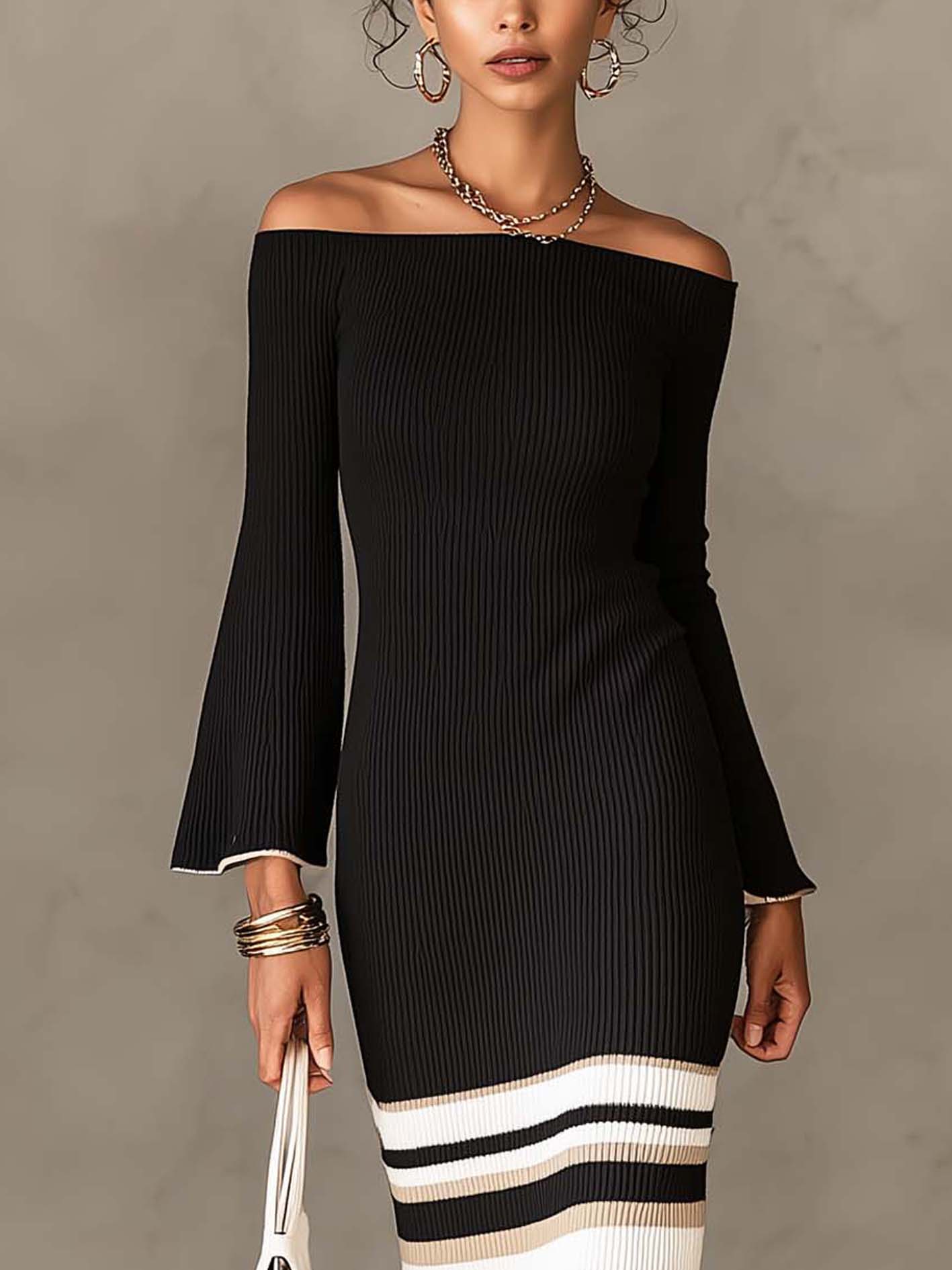 Black Off-Shoulder Ribbed Knit Maxi Dress With White And Beige Stripe Panels