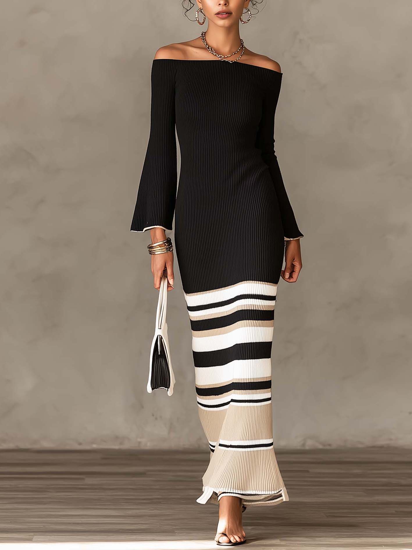 Black Off-Shoulder Ribbed Knit Maxi Dress With White And Beige Stripe Panels