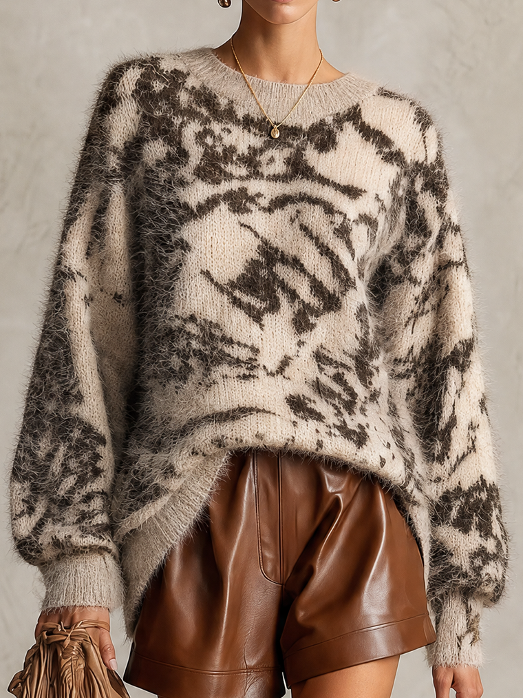 Ivory And Charcoal Abstract Pattern Fuzzy Knit Sweater