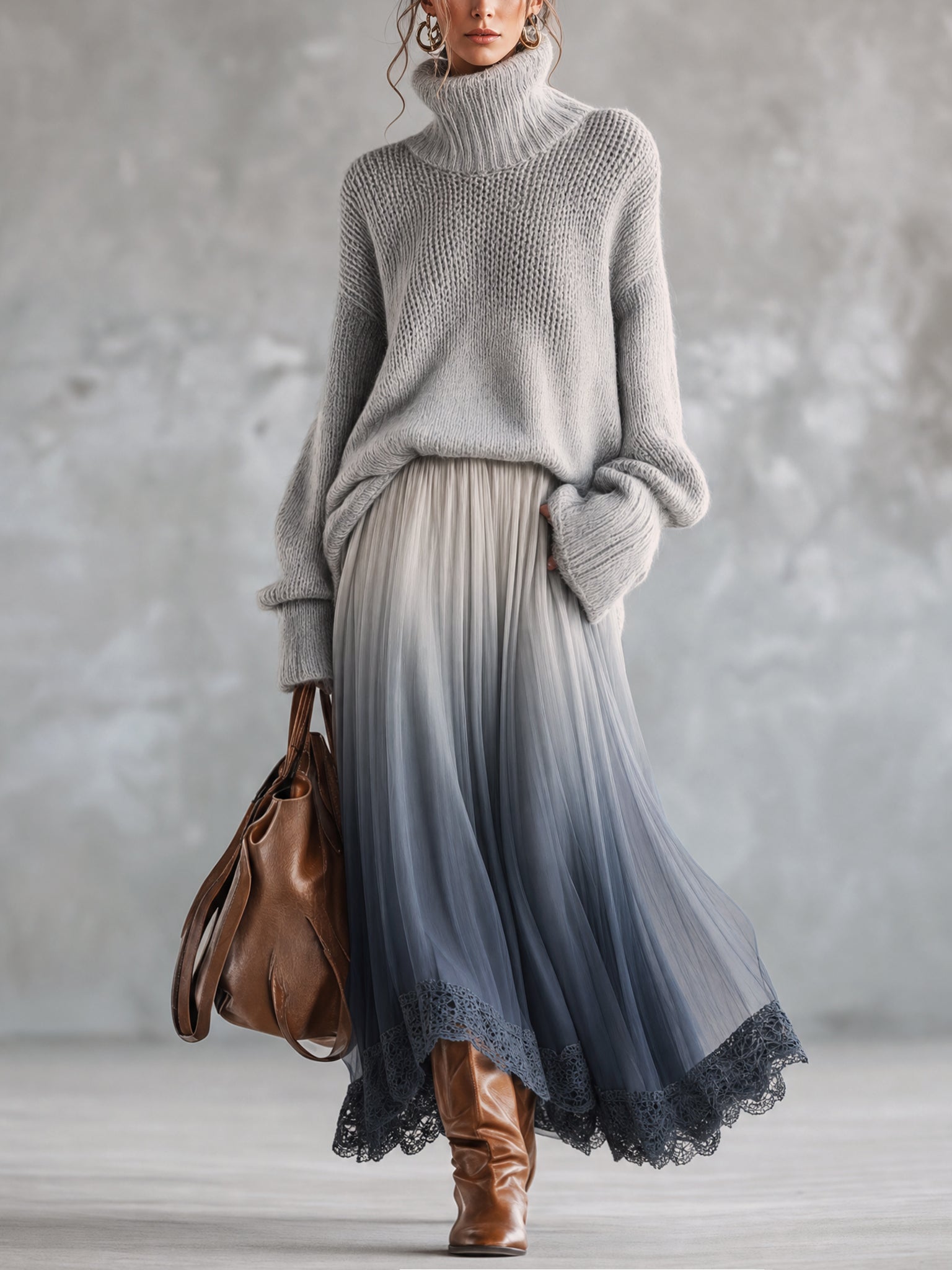 Gray Turtleneck Oversized Mohair Sweater