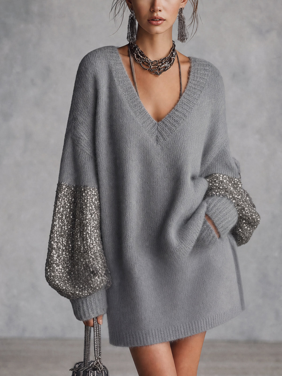 Gray Loose Knit Mini Dress With Silver Sequin Panels