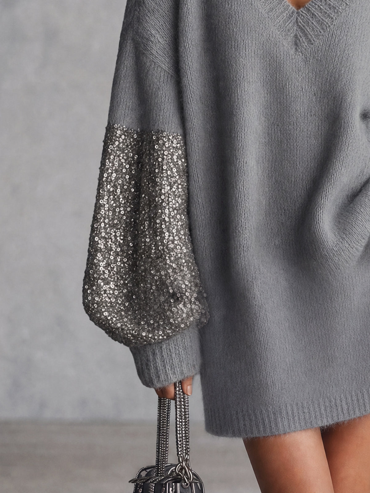 Gray Loose Knit Mini Dress With Silver Sequin Panels