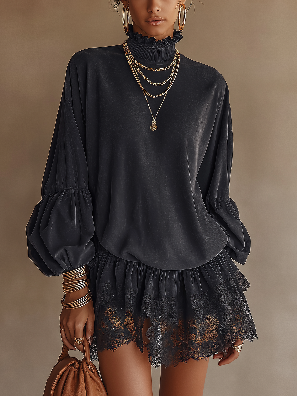 Black Faux Suede Ruffle High Neck Lace Panel Mini Dress