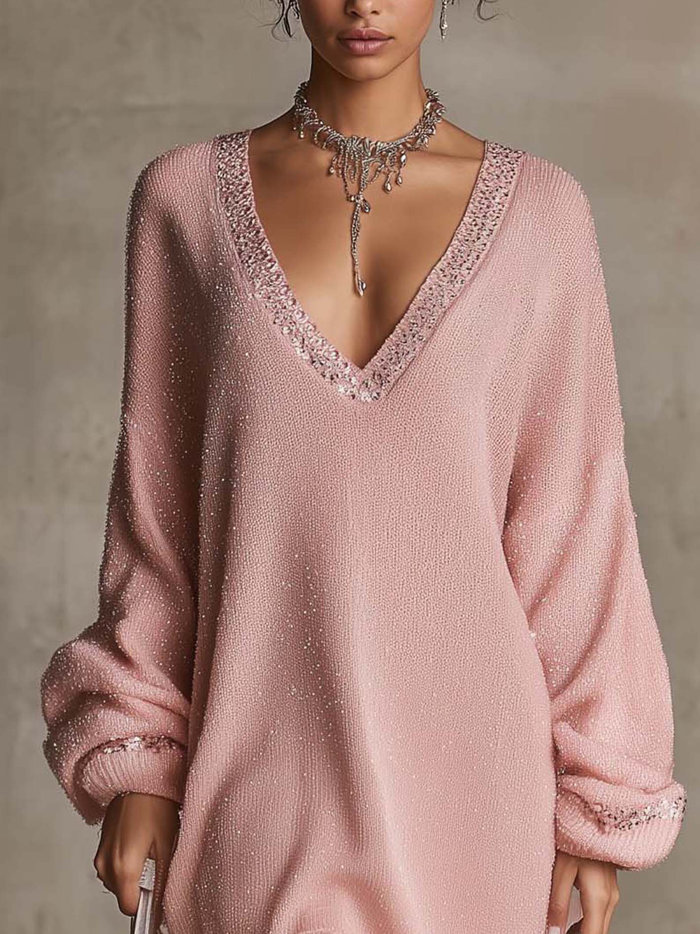 Blush Pink Shimmer Knit Mini Dress With Sequin Trim And Fringe Hem