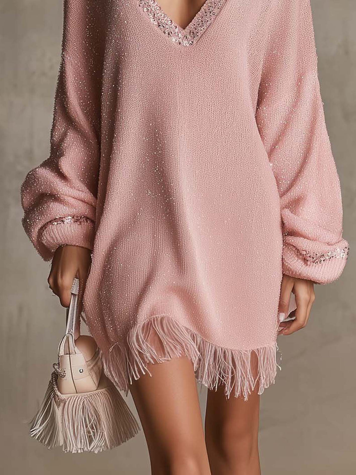 Blush Pink Shimmer Knit Mini Dress With Sequin Trim And Fringe Hem