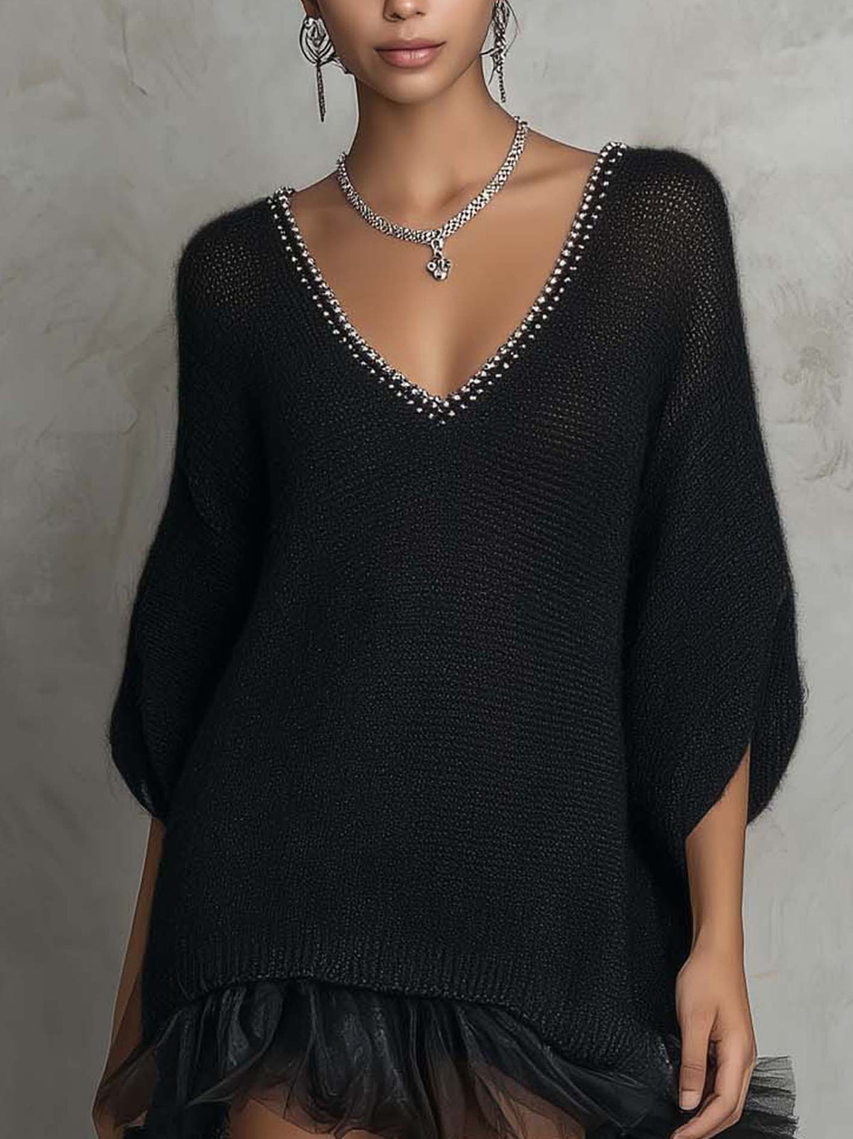 Black Rhinestone Trim Knit Mini Dress With Tulle Ruffle Patchwork Hem