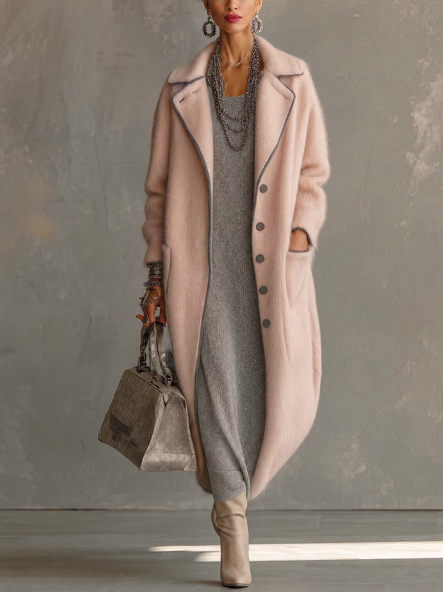 Blush Pink Faux Fur Longline Coat With Contrast Piping