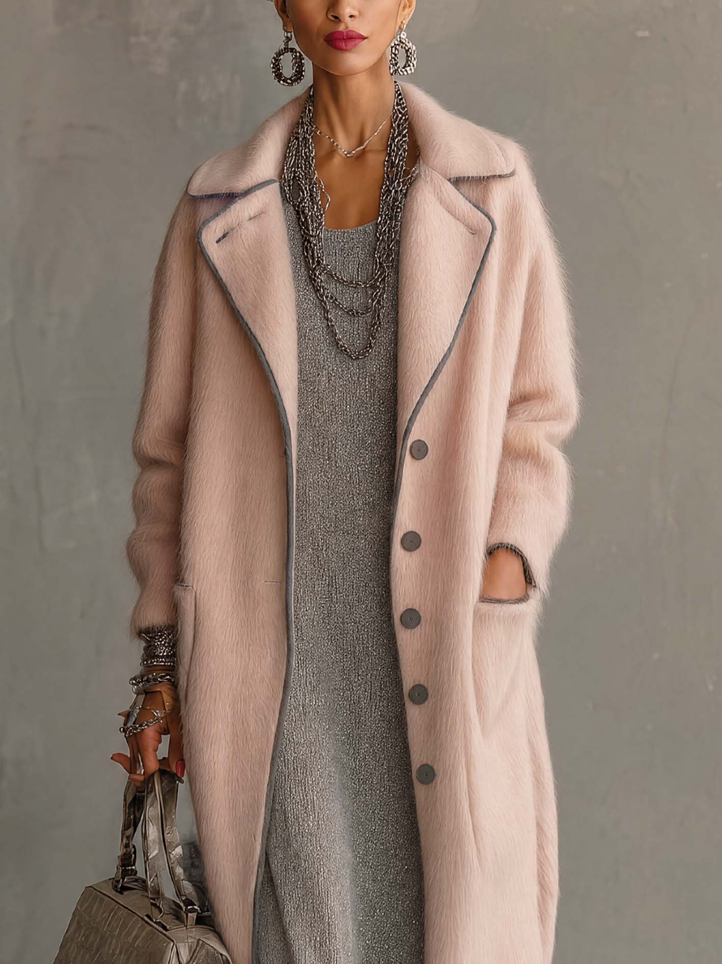 Blush Pink Faux Fur Longline Coat With Contrast Piping